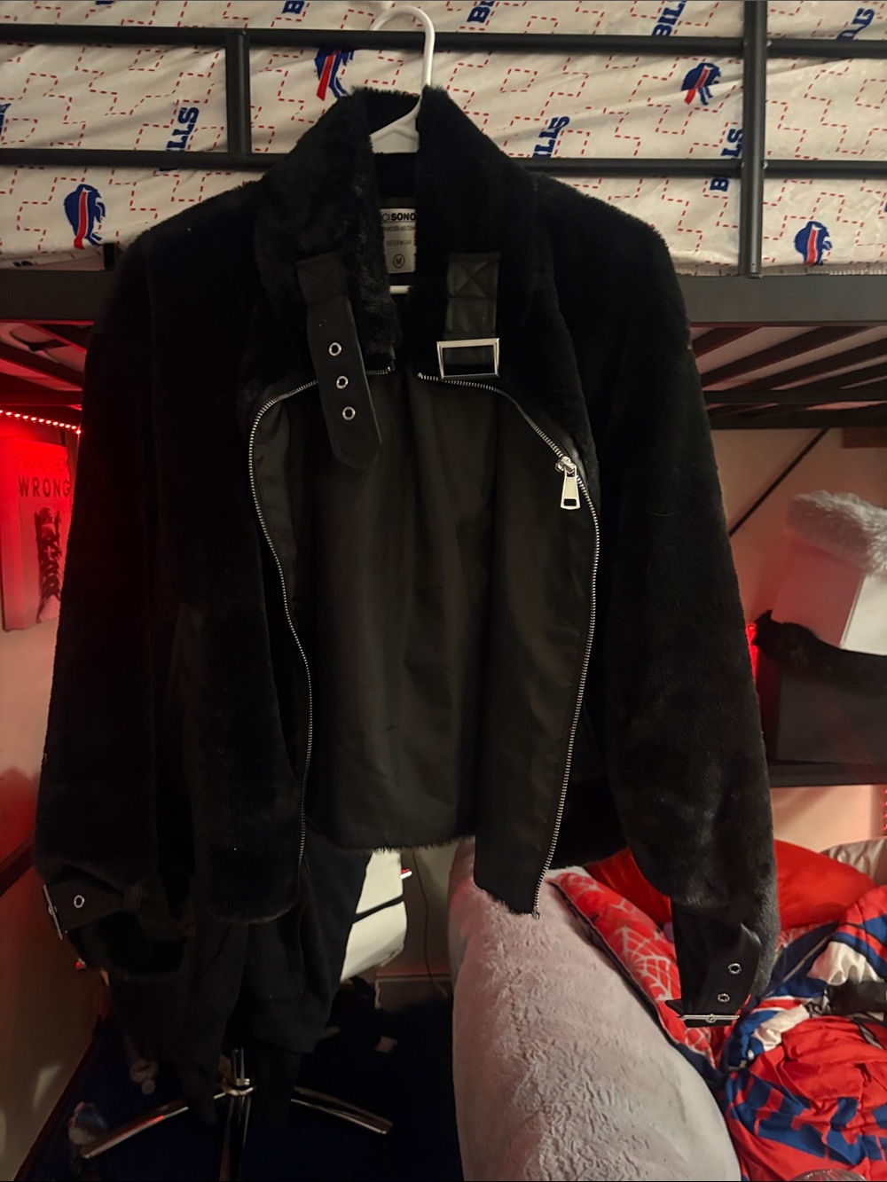 Ci Sono Black Faux Fur Bomber Jacket with Buckle Detail